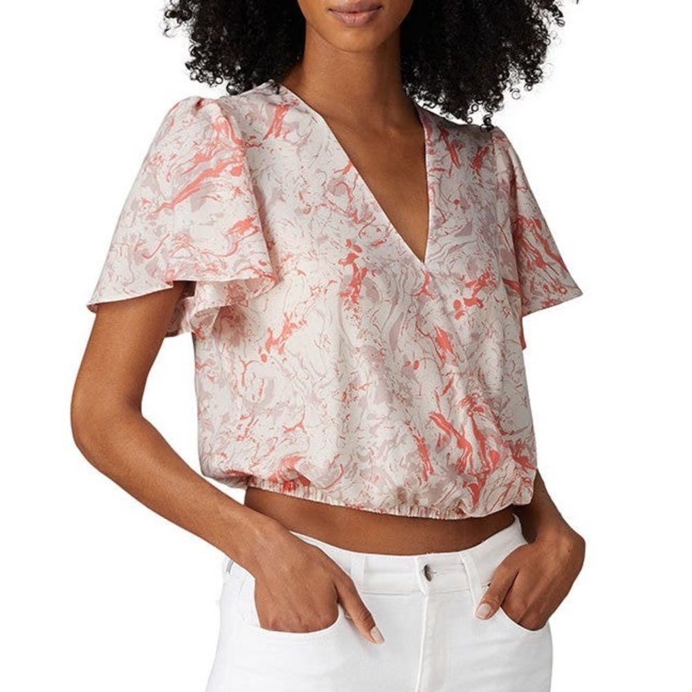 Astr Pink Flutter Sleeve Blouse with Notched Collar Size Small Womens